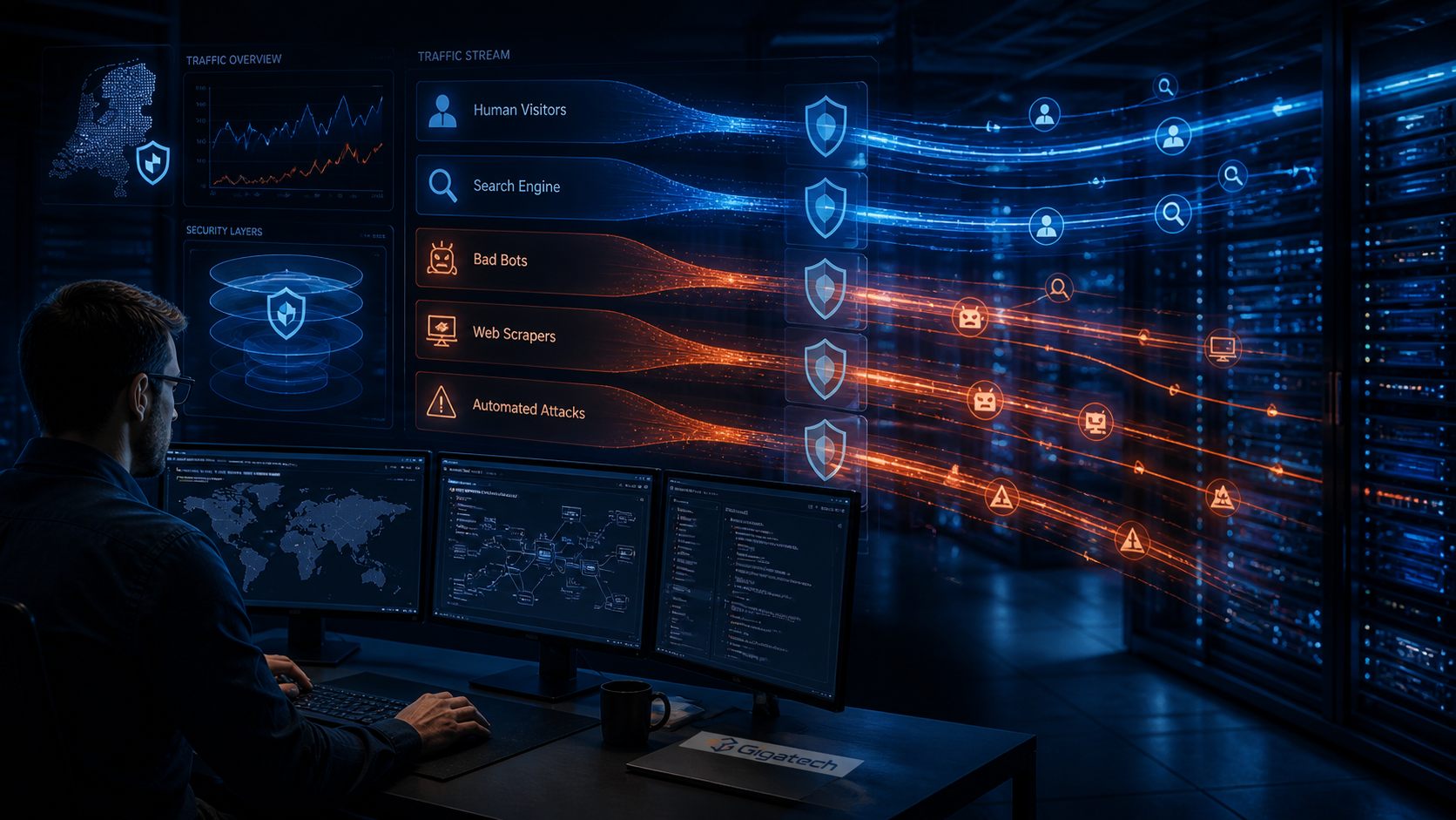 Gigatech analysing human traffic, search crawlers, scrapers and malicious bots
