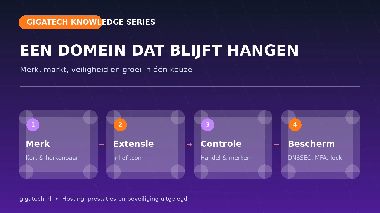 Infographic met vier stappen voor het kiezen en beveiligen van een sterke domeinnaam